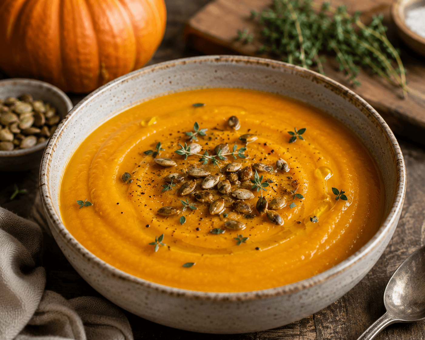Creamy roasted pumpkin soup garnished with parsley, pumpkin seeds, and olive oil.
