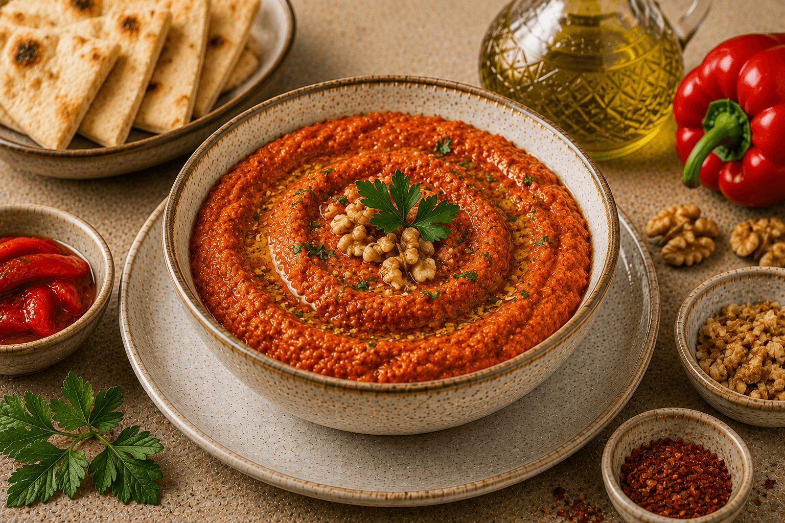 A bowl of creamy Muhammara dip garnished with walnuts, parsley, olive oil, pomegranate seeds, and served with warm pita bread.