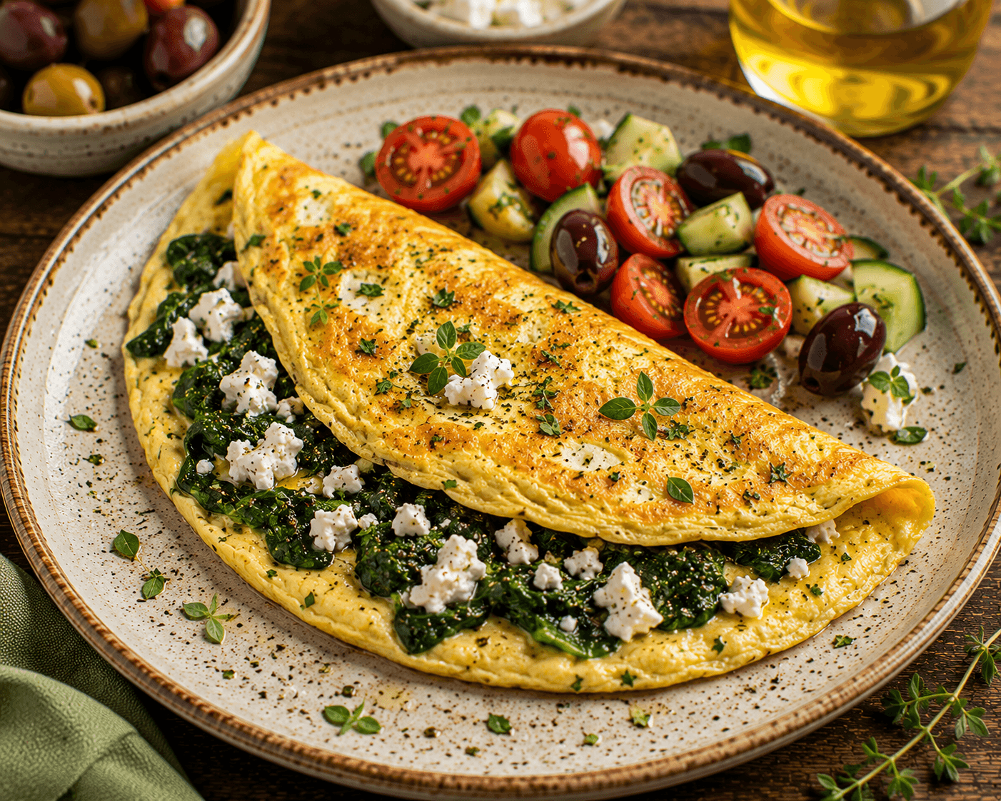 Golden spinach and feta omelette garnished with parsley and served with tomatoes and whole grain toast.