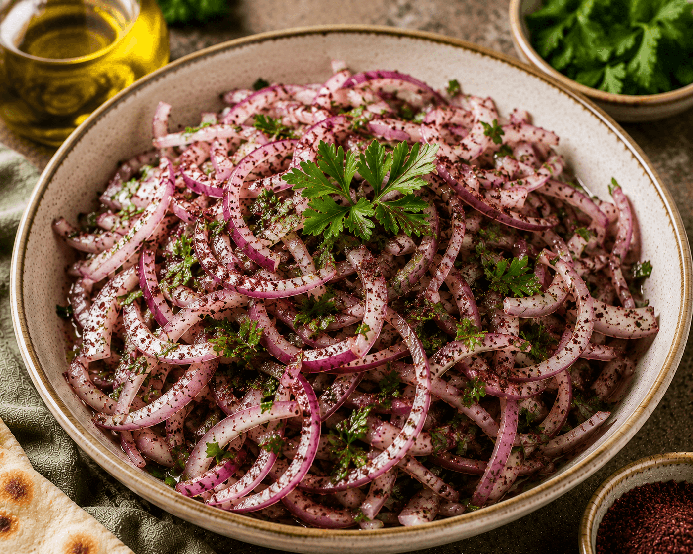 A bowl of Lebanese sumac onion salad made with sliced red onions, parsley, lemon, and sumac.