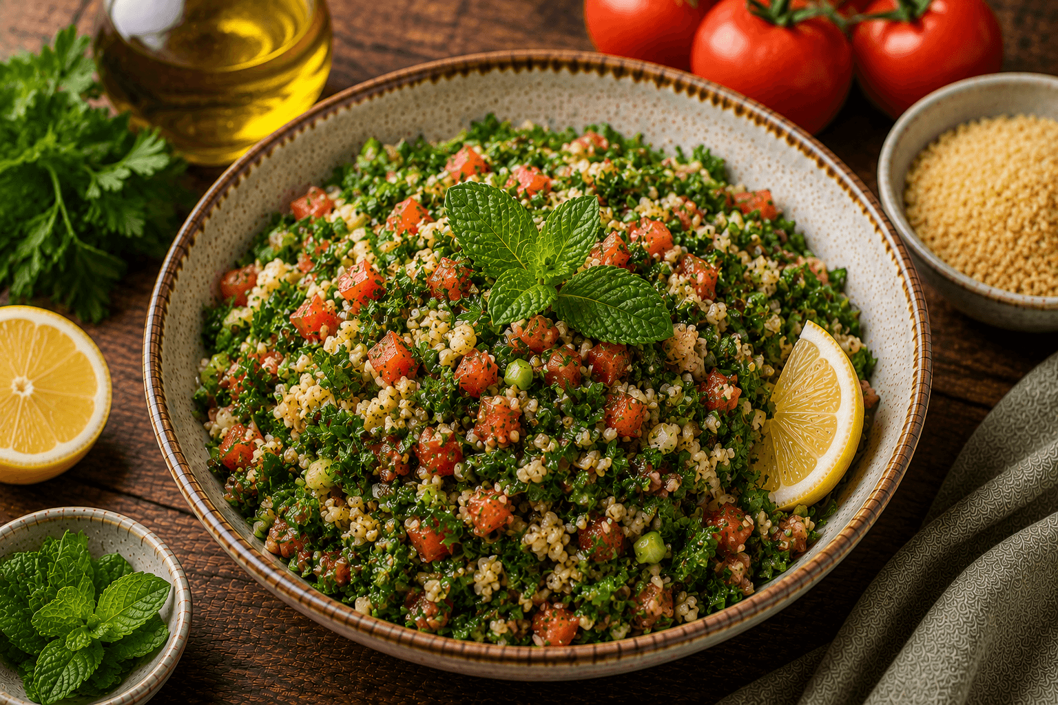 Fresh Lebanese tabbouleh salad with parsley, tomatoes, mint, bulgur and lemon.