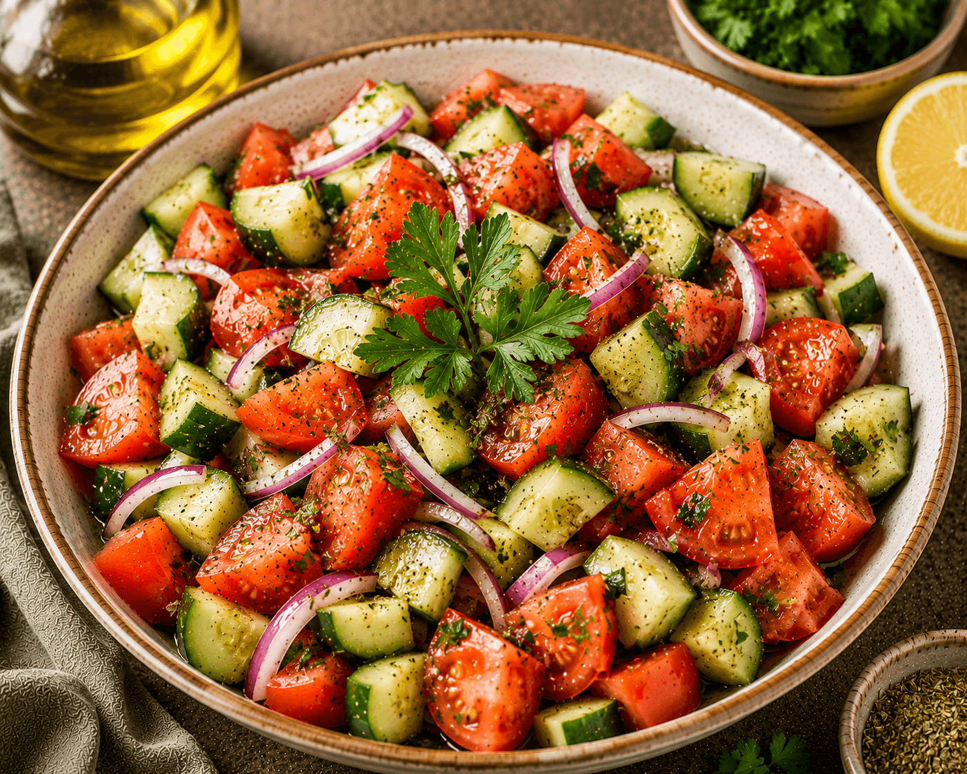 Mediterranean tomato and cucumber salad with parsley, mint, olive oil, and lemon dressing.