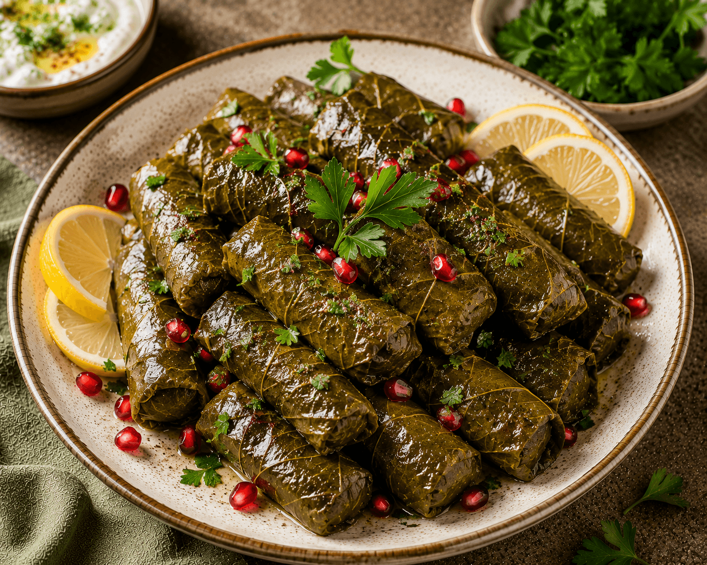 Traditional Lebanese stuffed grape leaves served with lemon wedges and fresh parsley.