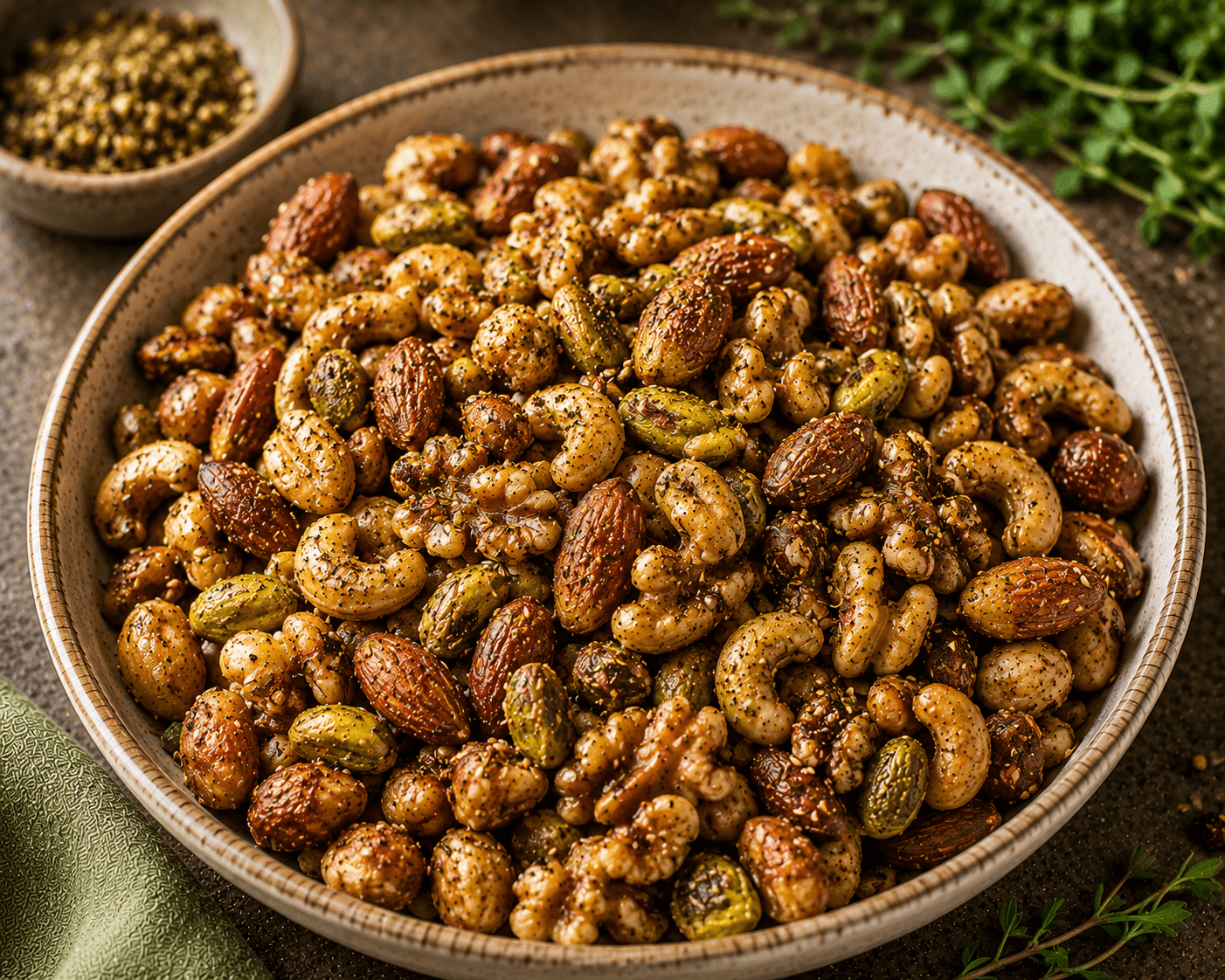 Roasted almonds, walnuts, pistachios, and cashews seasoned with za'atar and sesame seeds in a serving bowl.